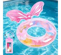 Mermaid Swimming Rings with Waterproof Phone Pouch, Durable Pool Inflatables Rings for Teens and Adults, Easy Inflatable Floaties Supports 50-75 kg, Perfect for Pool Fun Summer Beach (Pink)