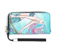 Mermaid Swinging on a Rope On Turquoise Long Clutch Wallet, Long Handbag with Removable Wristlet Strap, PU Leather Zip Purse, Credit Pass Case Card-Holder for Men Women