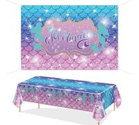 Mermaid Tablecloth and Mermaid Birthday Backdrop Set - 6 x 4Ft Little Mermaid Backdrop Party Photo Props with 86 x 51 inch Mermaid Tablecloths Decor for Girls Under the Sea Mermaid Party Supplies