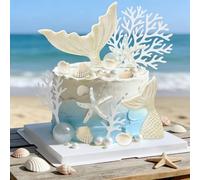 Mermaid Tail Cake Decorations Starfish Shells Coral Decor Under the Sea Ocean Birthday Cake Decorations for Ocean Sea Theme Birthday Party Bridal Shower