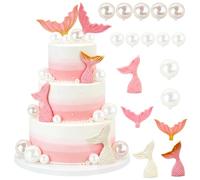 Mermaid Tail Cake Topper 17pcs Mermaid Cake Decorations with White Pearl Balls Pink Fishtail Under the Sea Party Fishtail Cakes Toppers for Girl Kid Birthday Baby Shower (Pink)