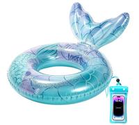 Mermaid Tail Inflatable Swimming Ring with Phone Waterproof Pouch, Pink Glitter Glitter Pool Float Tube, Large Rubber Swim Ring for Adults, Summer Beach Pool Party Float Decorations (Blue Mermaid)