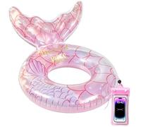 Mermaid Tail Inflatable Swimming Ring with Phone Waterproof Pouch, Pink Glitter Glitter Pool Float Tube, Large Rubber Swim Ring for Adults, Summer Beach Pool Party Float Decorations