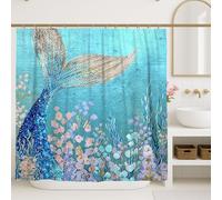 Mermaid Tail Shower Curtain, Aqua Blue Floral Bathroom Decor, Summer Nautical Coastal Waterproof Fabric Shower Curtain with Hooks 72x84 Inch
