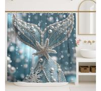 Mermaid Tail Shower Curtain, Aqua Blue Pearl Ocean Decor, Winter Holiday Nautical Style Waterproof Fabric Shower Curtain with Hooks 72x84 Inch