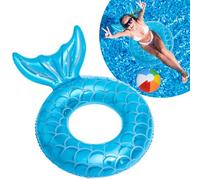 Mermaid Tail Swimming Rings for Kids Adult, 90cm Blue Mermaid Inflatable Pool Floats Heavy-Duty PVC Safety Handles Floaties Toys for Women Girls for Beach Garden Pools Party Water Sport