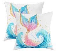 Mermaid Tail Throw Pillow Covers Set of 2, Peach and Blue Ocean Waves Decorative Cushion Cases for Summer Beach Home Sofa Bed 12x12 Inch
