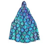 Mermaid Teal Fish Scale Print Adults Hooded Cloak, Halloween Robe Hooded Cape Witch Wizard Cosplay Costumes For Men Women
