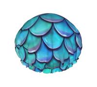 Mermaid Teal Fish Scale Print Shower Cap For Women Lightweight Reusable Softdouble Waterproof Layers Leakproof.