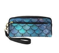 Mermaid Teal Fish Scale Printed Makeup Bag for Women Travel PU Leather Cosmetic Bag with Wristlet Toiletry Bag