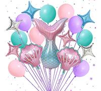Mermaid Theme Party Decorations, 18 Pcs Mermaid Tail Pastel Foil Balloons | Ribbon, Pink Purple Teal Shell Star Helium Balloon, Princess Girls Birthday Party Supplies Under the Sea for Baby Shower