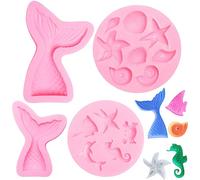 Mermaid Theme Silicone Baking Molds, 4 Pcs Fondant Cake Moulds, DIY Marine Silicone Mould Set, Mermaid Tail Mould, Seashell Mould, Reusable Sweet Baking Molds Tools, for Cake Chocolate Candy Muffin