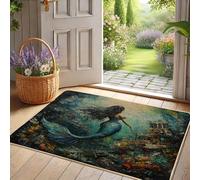 Mermaid Themed Doormat, Teal Ocean Decor for Summer & Beach House Entrance, Non-Slip Waterproof Front Mat, Easy to Clean 29x17 Inch