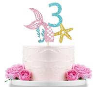 Mermaid Three Cake Topper Girl's 3rd Birthday Cake Topper Ocean World Under the Sea Octopus Mermaid Three Birthday 3rd Anniversary Party Decoration Supplies Glitter