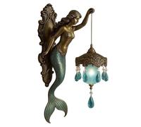 Mermaid Wall Lamp,7.5''Resin Battery Operated Sconce,Vintage Fantasy Art Decorative Light for Bedroom Living Room Bathroom Coastal Decor,Handmade Sculpture with Crystal Pendants,Warm Glow Night Light