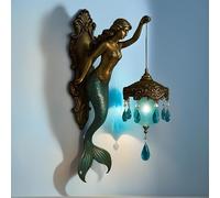 Mermaid Wall Lamp, 7.87x3.94x3.54 in Antique Bronze Mermaid Wall Sconce with Lantern, Battery-Operated, Resin Vintage Sea Themed Light for Bedrooms, Living Room, Bathroom