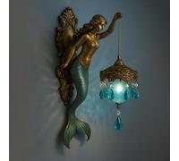Mermaid Wall Lamp, Vintage Style Ocean - Antique Bronze Mermaid Wall Sconce with Lantern, Glass Mirror Front Lights, Bathroom Lamp, Sconce, for Bedrooms, Living Room and Bathroom (1 pc)