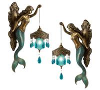 Mermaid Wall Lamp, Vintage Style Ocean - Antique Bronze Mermaid Wall Sconce with Lantern, Glass Mirror Front Lights, Bathroom Lamp, Sconce, for Bedrooms, Living Room and Bathroom (2 pcs)