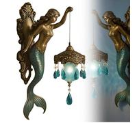 Mermaid Wall Lamp, Vintage Style Retro Antique Mermaid Wall Sconce, 8/12 Inch Frosted Glass Lantern Night Light for Bedroom, Living Room, Bathroom, Ocean-Themed Fantasy Decor (L-12in)