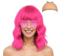 Mermaid Wigs Costume Wig Cap and Sunglass Set, Shoulder Length Loose Curly Synthetic Wig with Bangs Party Wigs for Halloween Christmas Masquerade Party (Hot Pink)