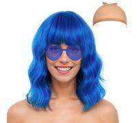 Mermaid Wigs Costume Wig Cap and Sunglass Set, Shoulder Length Loose Curly Synthetic Wig with Bangs Party Wigs for Halloween Christmas Masquerade Party (Royal blue)