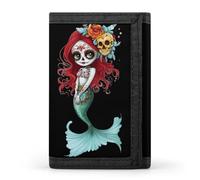 Mermaid with Day of The Dead Men's Wallets Trifold Women Purse with Coin Pocket 8 Card Slots Keyring Photo Window