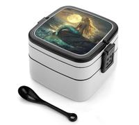Mermaid with Full Moon Cute Bento Box Adult Lunch Box Stackable 2 Layer Lunch Containers for Work Picnic