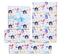Mermaid Wrapping Paper,Princess Gfit Wrap Paper Kids 4 PCS,Purple Ocean Girls Birthday Cute Wrapping Paper With Ribbon For Little Mermaid Under the Sea Birthday Baby Shower Wedding Anniversary Party