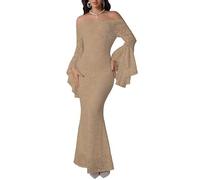 MERMAID'S CLOSET Women Elegant Off-Shoulder Floral Embroidered Lace Maxi Dress - Bell Sleeve, Slim Fit with Floral Cutout,Khaki Long Gown for Wedding Guest & Wedding Party