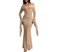 MERMAID'S CLOSET Women Khaki Off Shoulder Floral Lace Long Dress Bell Sleeve White Formal Evening Wedding Guest Party Photoshooting Maxi Dress