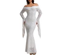 MERMAID'S CLOSET Women White Off Shoulder Floral Lace Long Dress Bell Sleeve White Formal Evening Wedding Guest Party Photoshooting Maxi Dress