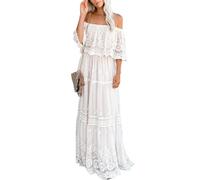 MERMAID'S CLOSET Womens Casual Off Shoulder Lace Maxi Dress White Wedding Bridesmaid Dress Lace Sleeve Beach Dresses, White01, Large