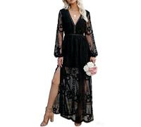 MERMAID'S CLOSET Women's V-Neck Embroidered Lace Maxi Dress Boho Long Sleeve Black Split Long Evening Dresses UK for Wedding Guest Party Formal Occasions