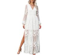 MERMAID'S CLOSET Women's V-Neck Embroidered Lace Maxi Dress Boho Long Sleeve White Split Long Evening Dresses UK for Wedding Guest Party Formal Occasions