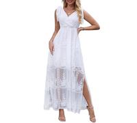 MERMAID'S CLOSET Women's V-Neck Tie-Strap Embroidered Lace Maxi Dress Boho Sleeveless White Split V-Back Long Evening Dresses UK for Wedding Guest Party Formal Occasions