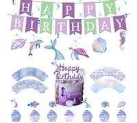Mermaids Party Supplies Set Includes Flags Banners Cake Insert And Hanging Swirls Handmade Invitation Card For Holiday Fantasy Theme Party Supplies