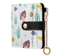 Mermaids Plant White Print Small Women Wallet Bifold PU Leather RFID Blocking Compact Card Holder with Coin Pocket Zipper Purse for Women Girls Ladies