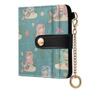 Mermaids Seashells Blue Print Small Women Wallet RFID Blocking Bifold PU Leather Compact Card Holder with Coin Pocket Zipper Purse for Girls Ladies Women