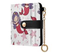 Mermaids Seashells White Print Small Women Wallet Bifold PU Leather RFID Blocking Compact Card Holder with Zipper Coin Pocket Purse for Ladies Women Girls