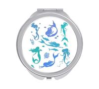Mermaids Silhouettes Sea Life Seamless on White Folding Make Up Mirror, Compact 2X/1X Magnification Mirror, Women Portable Travel Makeup Mirror 2.4 x 2.4 inch