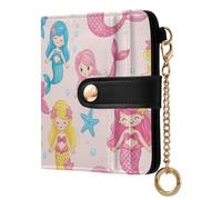 Mermaids Starfish Pink Pattern Small Women Wallet RFID Blocking Leather Bifold Compact Card Holder with Coin Pocket Zipper Purse for Women Girls Ladies