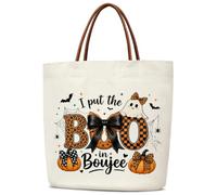 mermermu I Put The Boo in Boujee Tote Bag, Leopard Bow Ghost Totes Bag, Canvas Tote Bags with Leather Handles, Reusable Grocery Shoulder Bags for Women, Gift for Halloween Enthusiasts -11