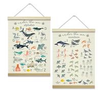 mermermu Ocean Animal Alphabet Numbers Poster Hanger Frame Set of 2, ABC Learning Kids Educational Posters Canvas Wall Art for Nursery Playroom Toddler Room Decor, 12x16 Inches -004