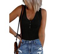 MEROKEETY Women's 2023 Ribbed Button V Neck Bodysuits Sleeveless Slim Fit Knit Body Suits