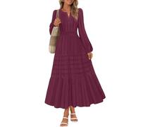 MEROKEETY Women's 2025 Fall Long Sleeve Maxi Dress V Neck Elastic Waist Flowy Tiered Boho Casual Dresses with Pockets, Wine, L