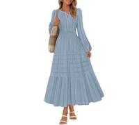 MEROKEETY Women's 2025 Fall Long Sleeve Maxi Dress V Neck Elastic Waist Flowy Tiered Boho Casual Dresses with Pockets, Dustyblue, L