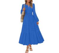MEROKEETY Women's 2025 Fall Long Sleeve Maxi Dress V Neck Elastic Waist Flowy Tiered Boho Casual Dresses with Pockets, Royalblue, M