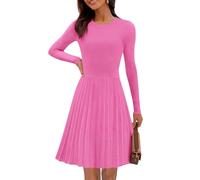 MEROKEETY Women's 2025 Long Sleeve Mini Sweater Dress Crewneck Ribbed Knit A Line Pleated Swing Short Dresses, Hotpink, L