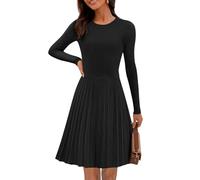 MEROKEETY Women's 2025 Long Sleeve Mini Sweater Dress Crewneck Ribbed Knit A Line Pleated Swing Short Dresses, Black, M