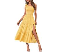 MEROKEETY Women's 2026 Summer Sleeveless Midi Dress One Shoulder Knot Smocked Split Formal Cocktail Wedding Guest Dresses, Yellow, L